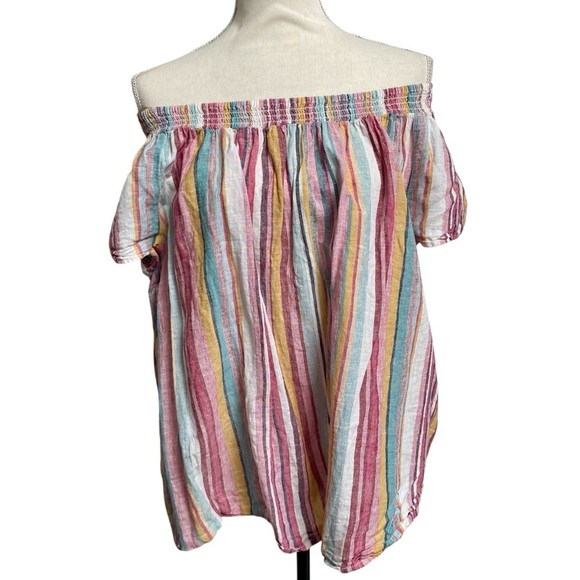 BeachLunchLounge Gayle Pastel Stripe Linen Cotton Off Shoulder Top 1X - Picture 4 of 11